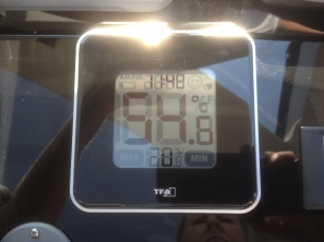 54.6ºc on the dashboard in the saloon. At 1148 we are under the direct heat of the sun.